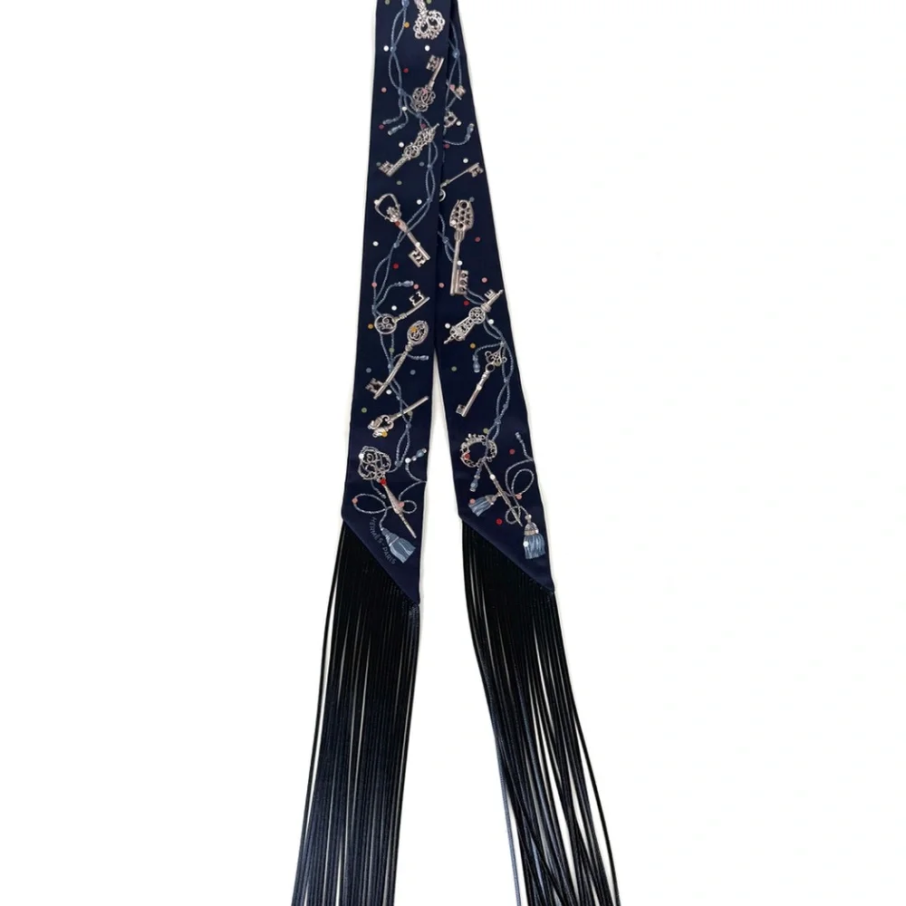 HERMES Les Cles a Pois Bleu Marine Gris Argent Silk Leather Fringes Twilly Scarf - Picture 4 of 7